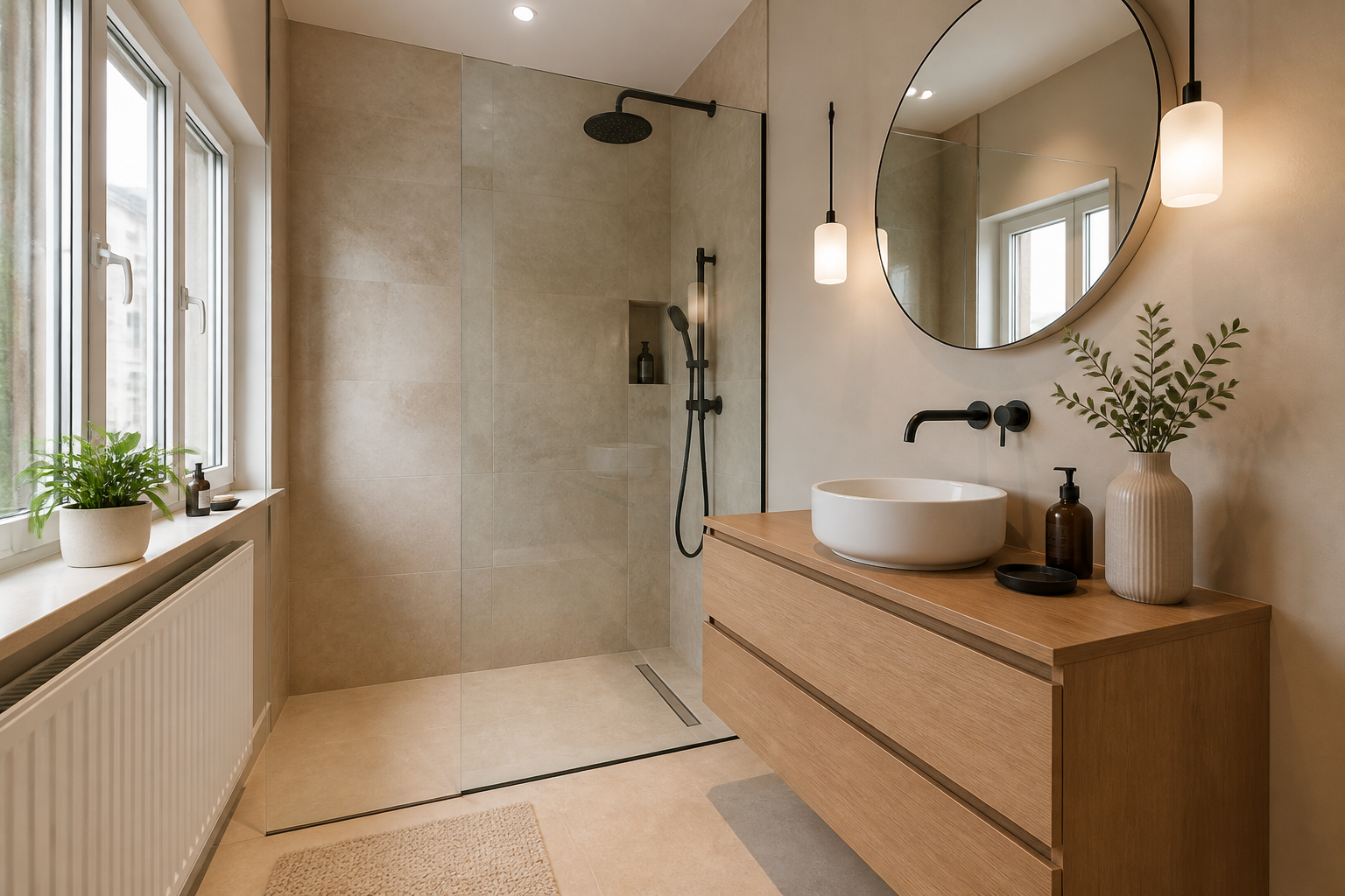Modernisiertes Badezimmer mit Naturstein, Glasdusche und Holzwaschtisch